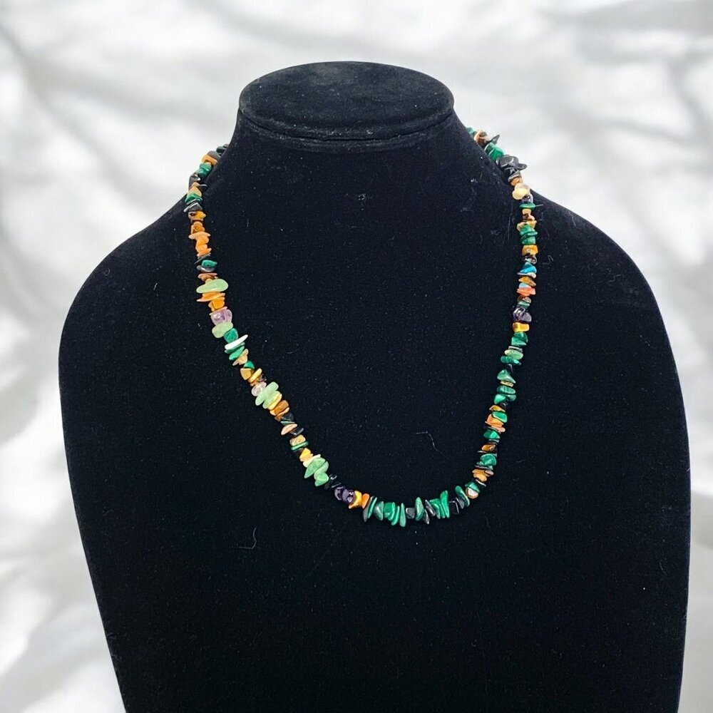 Multicolor Gemstone Chip Beaded Necklace With Gold Tone Accent 27"L
